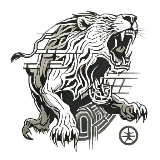 A futuristic interpretation of Galatasaray stadium with a roaring lion in the foreground tattoo design idea