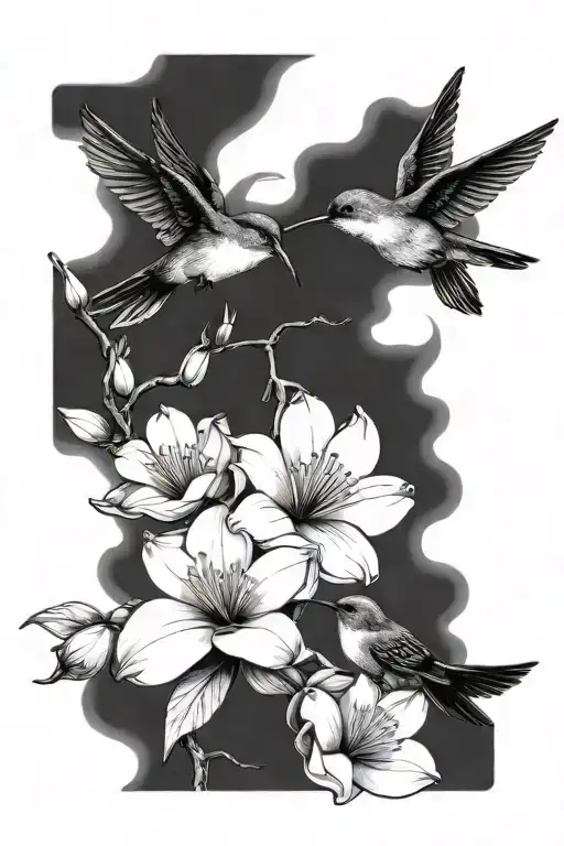 2 hummingbirds and Magnolia tree intertwined tattoo design idea