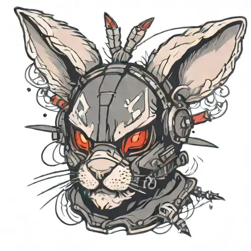 tactical bunny wearing a mask with red eyes with dameged ears tattoo design idea