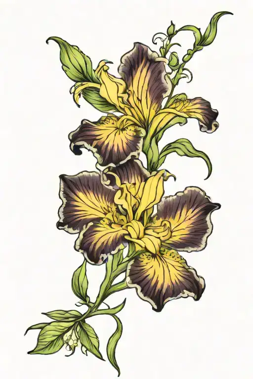 iris, primrose, daffodil, morning glory, chrysanthemum bud bursting tattoo design idea