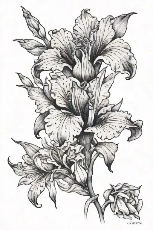 iris, primrose, daffodil, morning glory, chrysanthemum bud bursting tattoo design idea