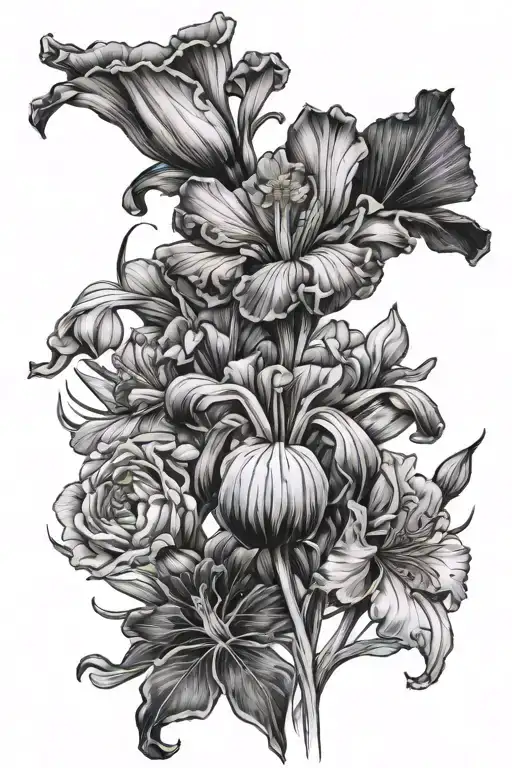 iris, primrose, daffodil, morning glory, chrysanthemum bud bursting tattoo design idea