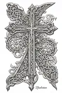 rugged cross with yahweh in hebrew on rear tricep tattoo design idea