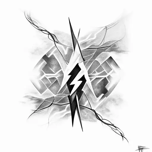 A black and grey tattoo of lightning intertwined with abstract geometric shapes tattoo design idea