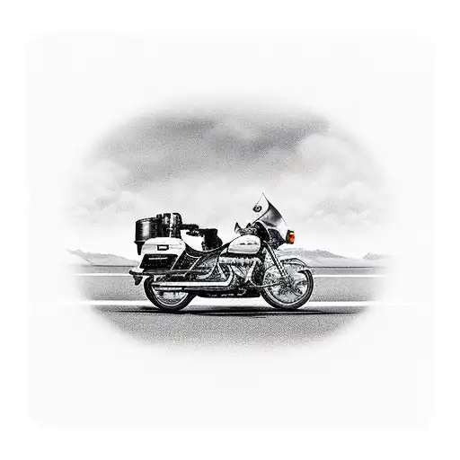 A motorcycle driving away from a gas station, on a highway going to the mountains tattoo design idea