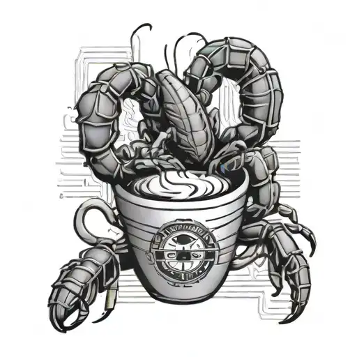 A Sleek And Modern Tattoo Of A scorpion Sitting On A Coffee Cup With Binary Code Wrapping around tattoo design idea