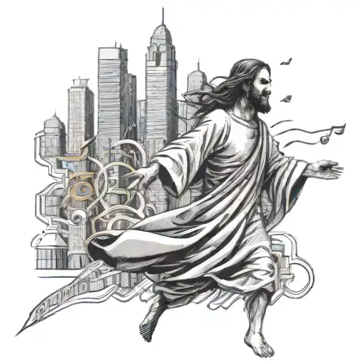 Jesus Christ walking through a big city with music notes floating around him, in a black-grey style tattoo design idea