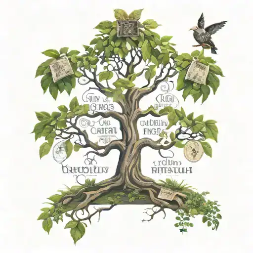 A money tree with Jesus Christ holding the branches, surrounded by quotes about wealth and prosperity tattoo design idea