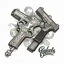 two glocks conerary to eachother with garry lee rogers written in arial font in the middle of them  tattoo design idea
