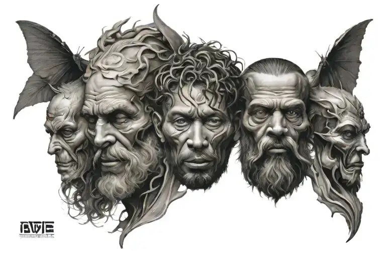 The heads of the god of birth, the god of slavery and the god of death are located on top of each other. tattoo design idea