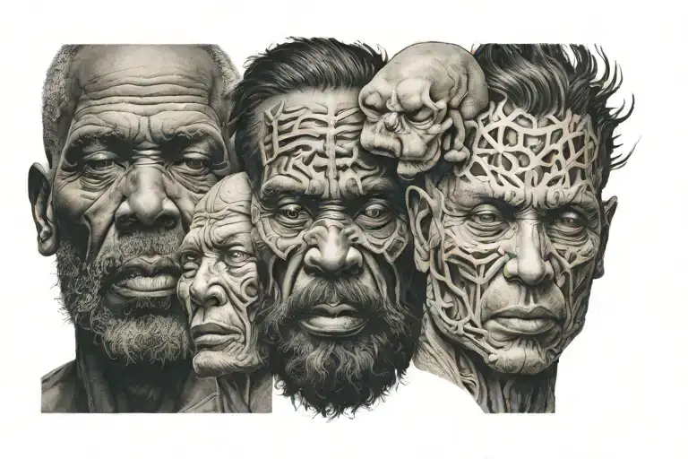 The heads of the god of birth, the god of slavery and the god of death located on top of each other. tattoo design idea
