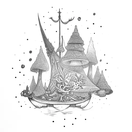 A Viking longship sailing through a forest of towering mushrooms tattoo design idea