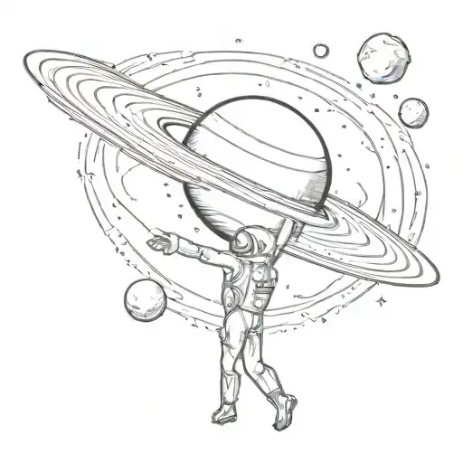 saturn with an small astronaut floating in space tattoo design idea