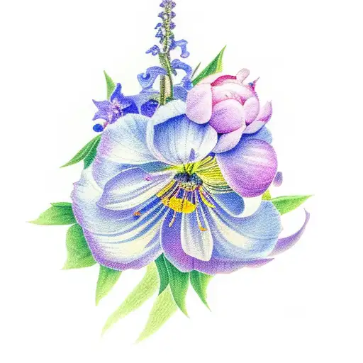 bluebells, Delphinium grandiflorum, peonies tattoo design idea