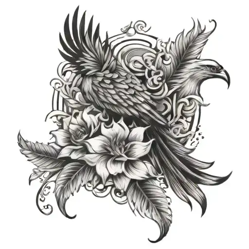thigh tattoo Phoenix with tropical flowers tattoo design idea