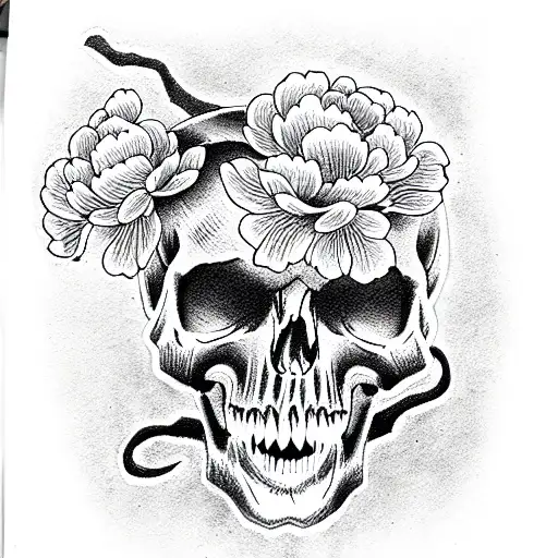 black mamba and skull with peonies tattoo design idea