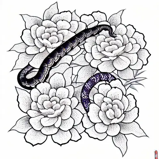 black mamba snake and hydrangeas and peonies tattoo design idea