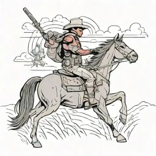 deadpool with a cowboy hat on a horse galloping through a field tattoo design idea