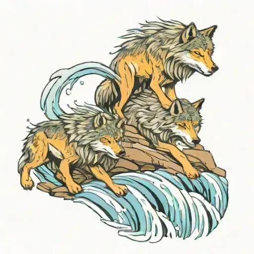 wolves going down a waterfall flowing tattoo design idea