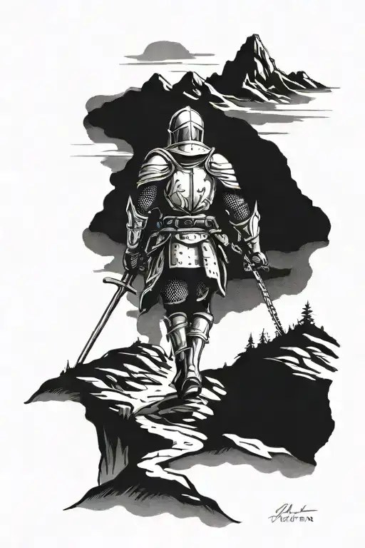 knight walking down a mountain  path tattoo design idea