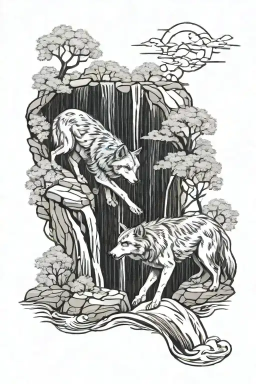 wolves going down a waterfall flowing tattoo design idea