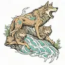 wolves going down a waterfall flowing tattoo design idea