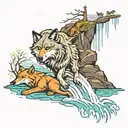 wolves going down a waterfall flowing tattoo design idea