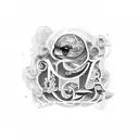 alphabets V , R and C colliding into love  tattoo design idea