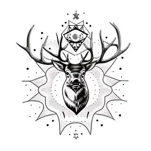 Create a dotwork tattoo of an elk and a hummingbird with a celestial background tattoo design idea