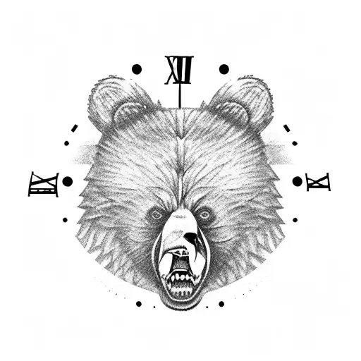 Angry bear face emerging from a clock tower tattoo design idea