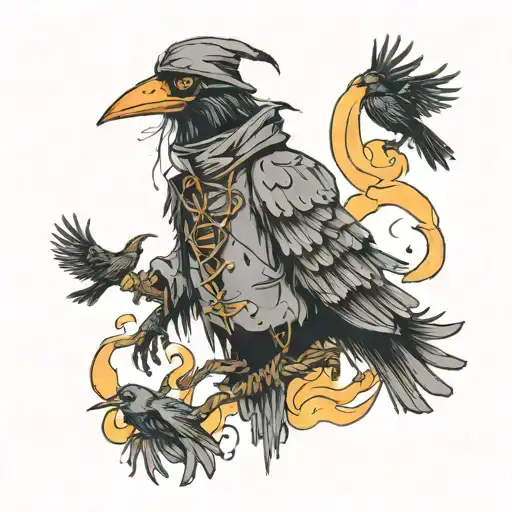 Crows around a scarecrow,with clouds and fire coming tattoo design idea