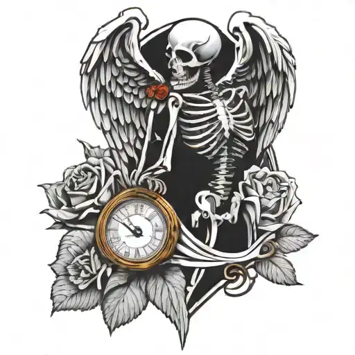 A skeleton angel holding a rose with a clock embedded in its chest tattoo design idea