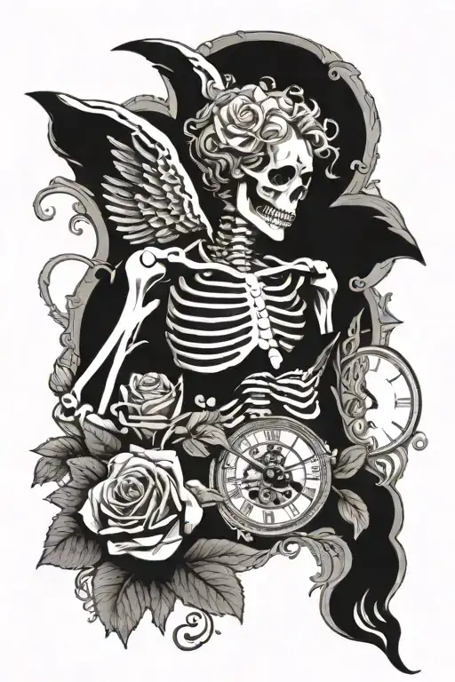 A skeleton angel holding a rose with a clock embedded in its chest tattoo design idea