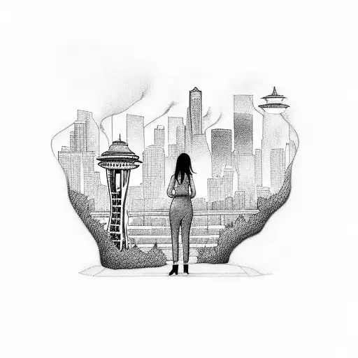 Woman watching seattle burn in the distance. She's standing outside of her car smoking a cigarette tattoo design idea