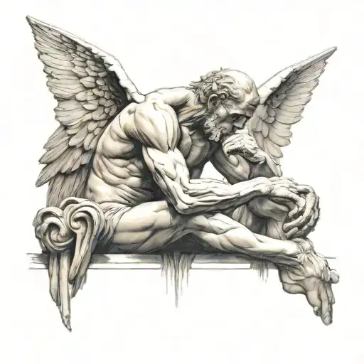 the thinker by rodin with one angel wings and another demon wings tattoo design idea