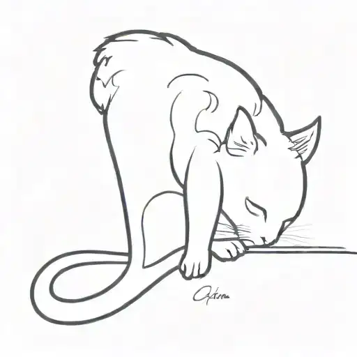 a black cat from behind with a twisted tail at the end, a white spot on the left and a white stripe on the left ear tattoo design idea