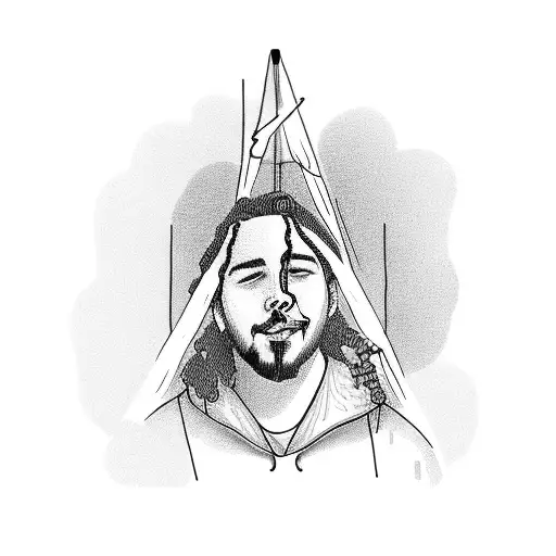 A portrait of Post Malone with a camping scene in the background tattoo design idea