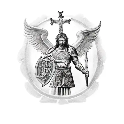 saint micheal slaying the devil with a Celtic cross on his shield and holding the scales of justice in his hand tattoo design idea