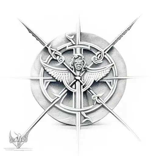 saint micheal slaying the devil with a Celtic cross on his shield and holding the scales of justice in his hand tattoo design idea