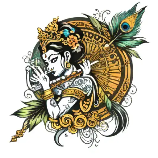 Give an abstract tatoo design symbolizing indian god krishna with peacock feather and bamboo flute tattoo design idea