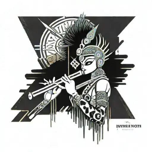 Give an abstract tatoo design symbolizing indian god krishna with peacock feather and bamboo flute tattoo design idea