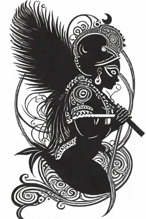 Give an abstract tatoo design symbolizing indian god krishna with peacock feather and bamboo flute tattoo design idea