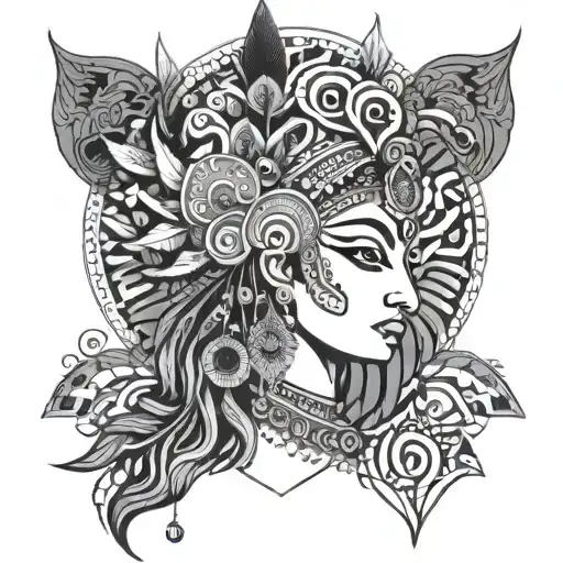 Give an abstract tatoo design symbolizing indian god krishna with peacock feather and bamboo flute tattoo design idea