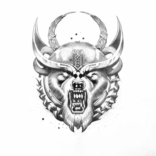 viking, black sun, forest, bear, ax in hand, fire tattoo design idea