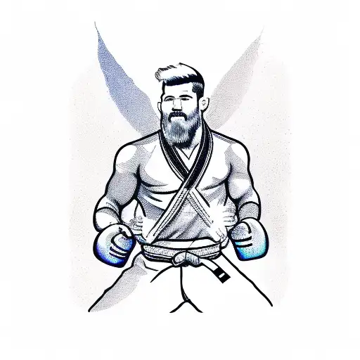 A detailed sketch of a fighter in a jiu jitsu gi, surrounded by boxing gloves and swords, representing the client's passion for both sports tattoo design idea