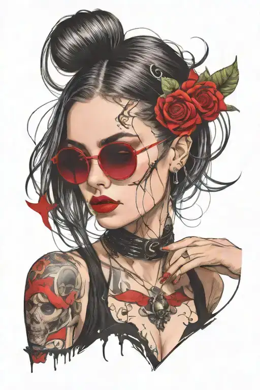 straight hair gothic girl with red light shades tattoo design idea