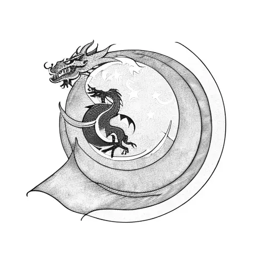 A minimalist design of a dragon wrapped around a crescent moon tattoo design idea