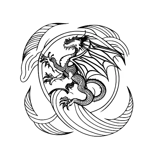 A minimalist design of a dragon wrapped around a crescent moon tattoo design idea