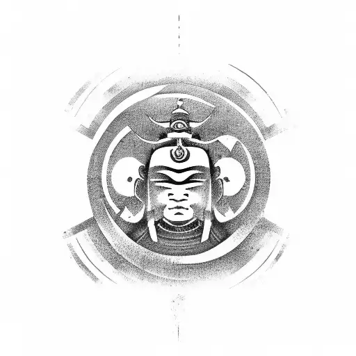 Samurai warrior meditating with a yin yang symbol in the background tattoo design idea