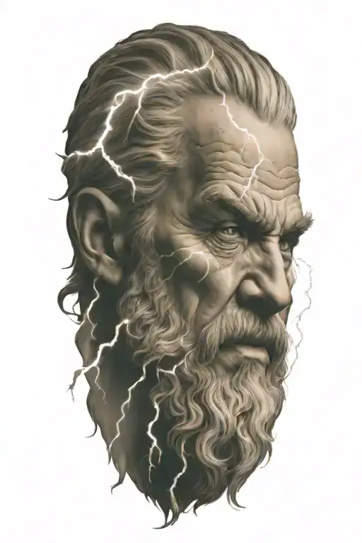 zeus face raging storm clouds surrounding with lightning tattoo design idea